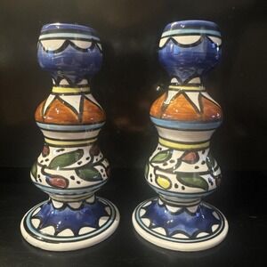 Israeli Ceramic Armenian Pottery Iznik Candlsticks Shabat Shabbos Judaica Israel